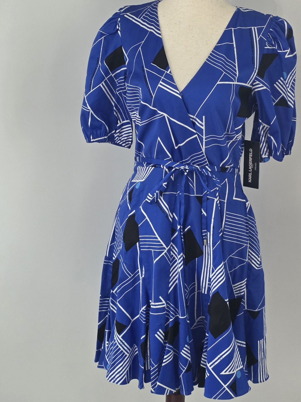 Karl Lagerfeld Paris Royal Blue and Black Geometric  Surplice Mini Dress Size 4